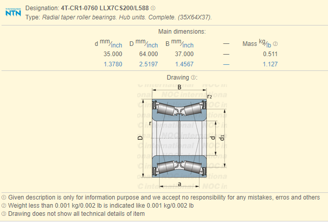 Unità radiali del hub dei cuscinetti a rulli affusolate L588 di 4T-CR1-0760 LLX7CS200/35 x 64 x 37mm 0
